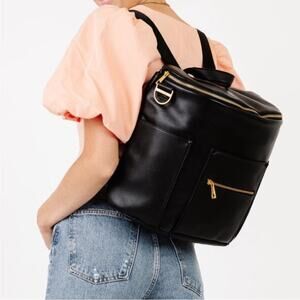 FAWN Design Black Faux Leather Diaper Bag Backpack Crossbody Gold Hardware